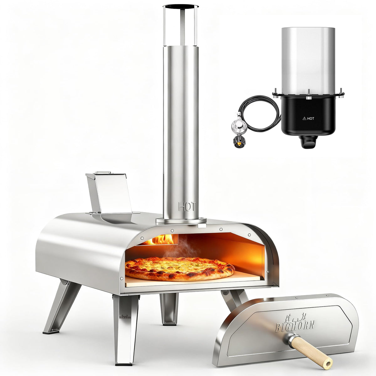 BIG HORN 12" Multi-Fuel Portable Pizza Oven – Wood Pellet & Propane Gas, Outdoor Backyard Oven with Pizza Stone